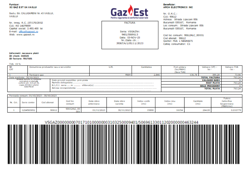 Gaz Est S.A. utility business bill, SCR PSD template